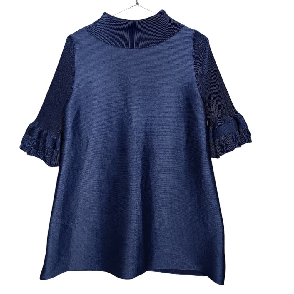 Pleated Fabric Mini Dress Navy Blue Size Medium Gathered Cuffs to 3/4 Sleeves - Picture 7 of 9